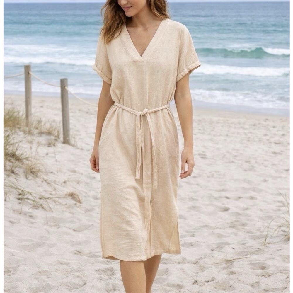 Magaschoni Cream Gauze Midi Dress Size Medium Cotton Tie Waist Minimalist Beach